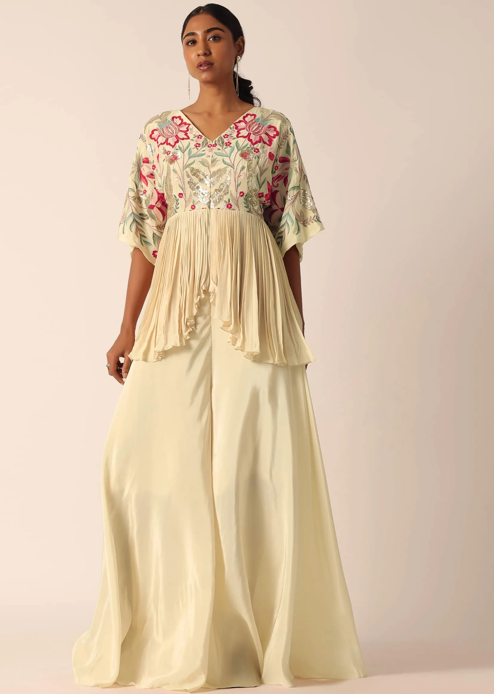 Beige Kurta And Palazzo Set With Bead Work
