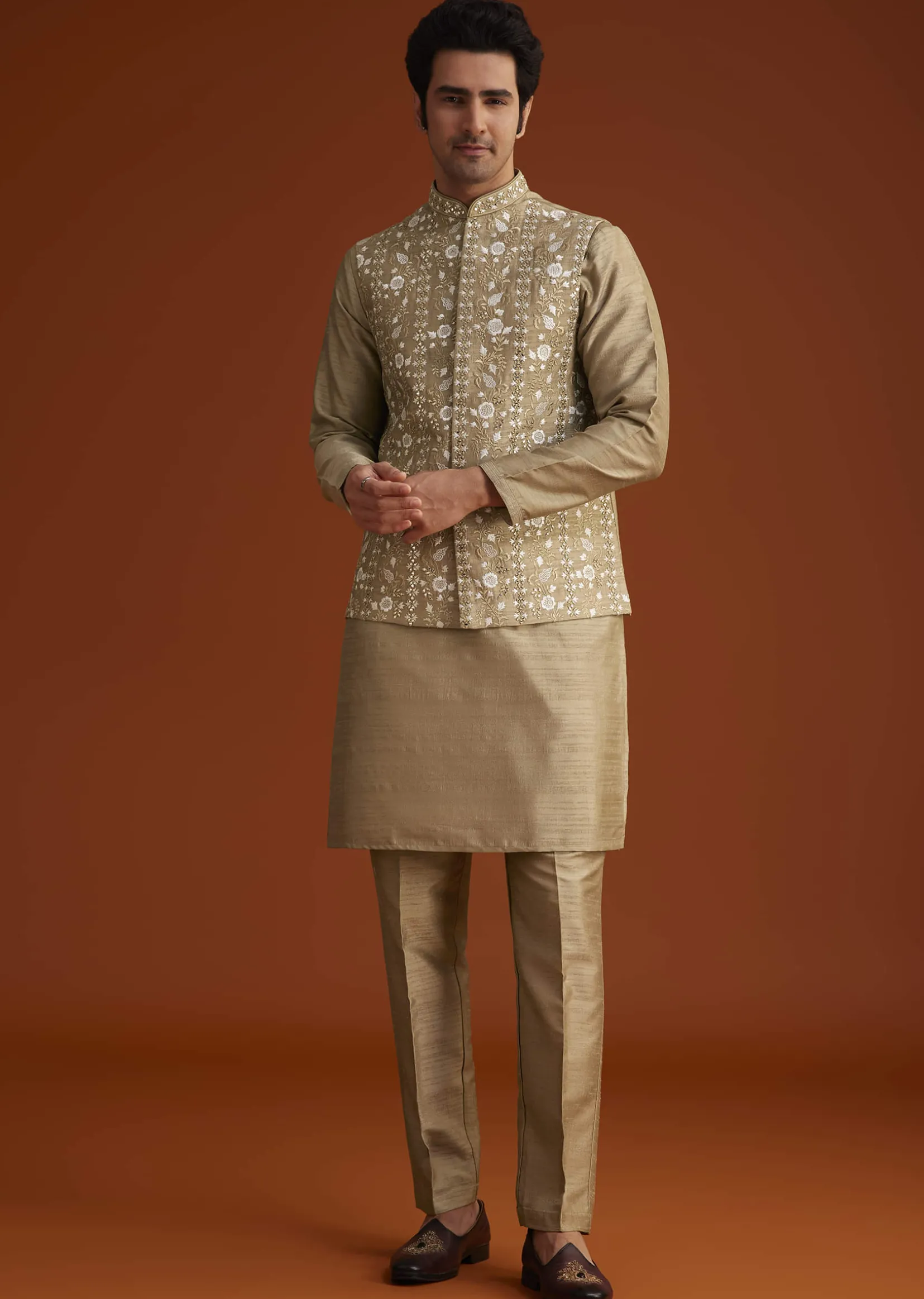 Beige Kurta Pant Set With Embroidered Nehru Jacket