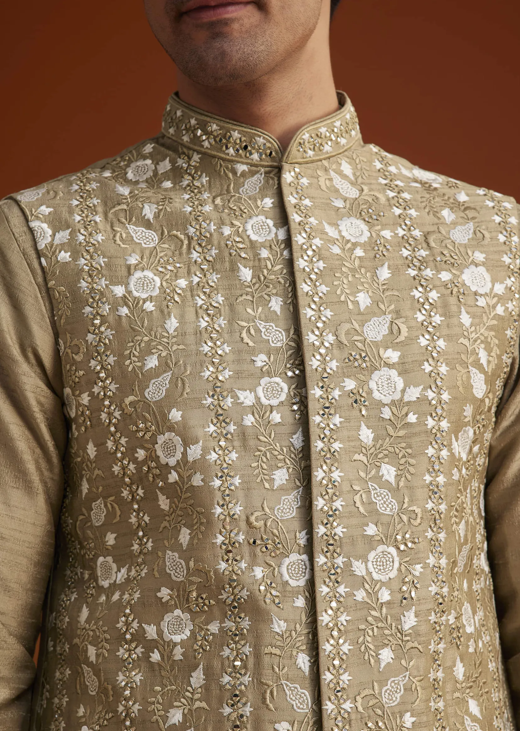 Beige Kurta Pant Set With Embroidered Nehru Jacket