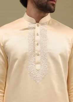 Beige Kurta Set In Resham Work With Dupatta For Men