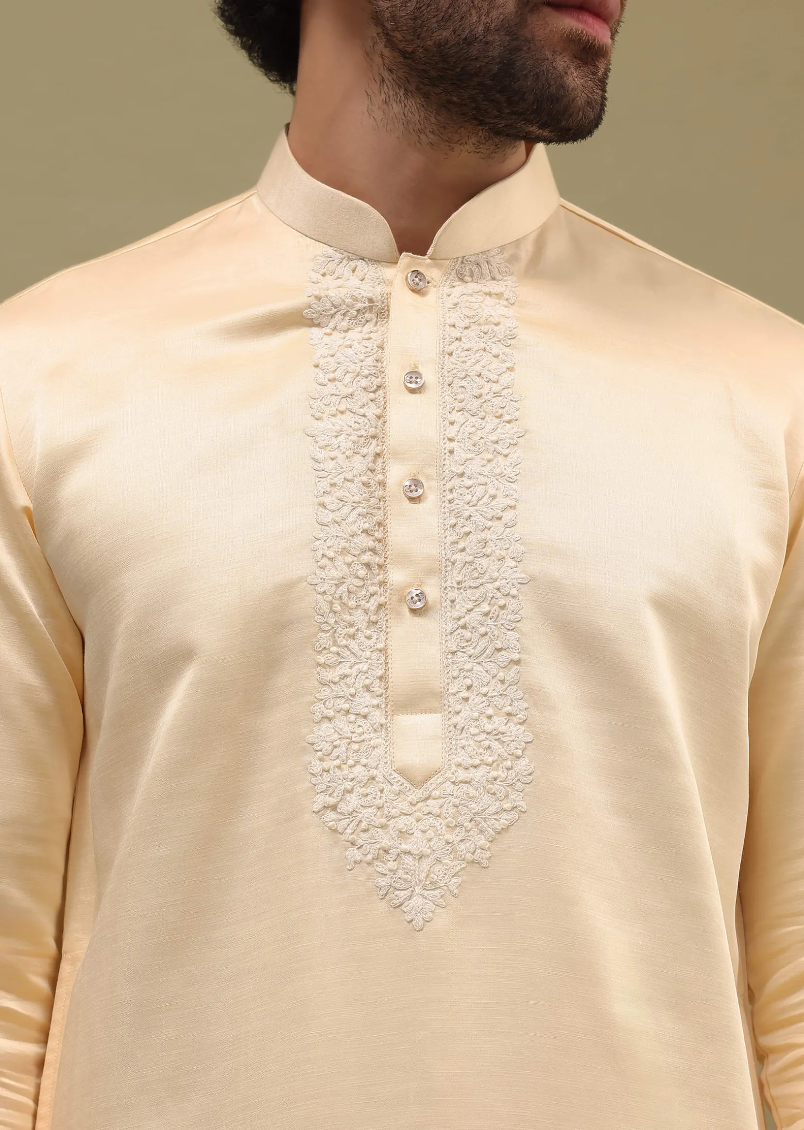 Beige Kurta Set In Resham Work With Dupatta For Men