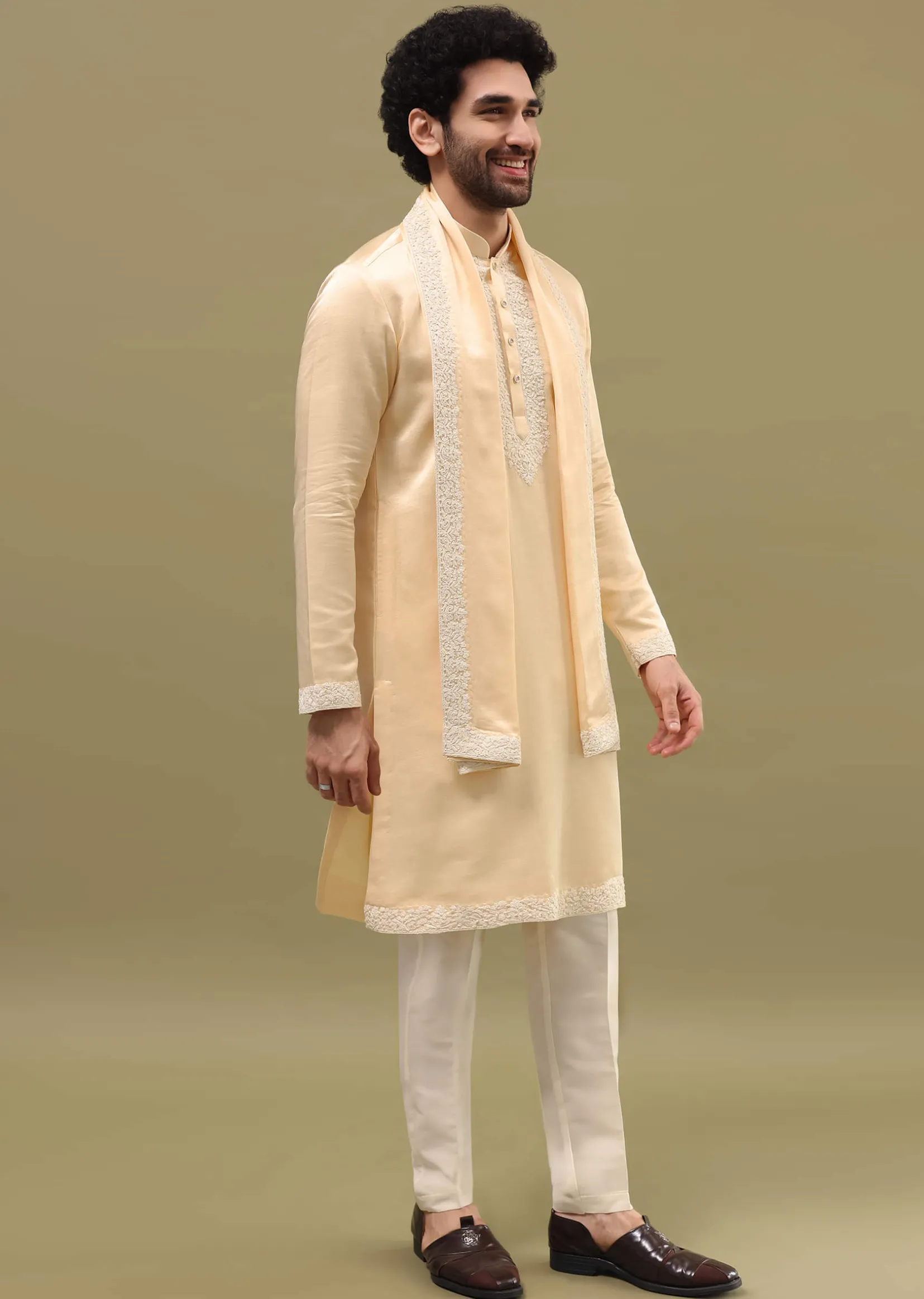 Beige Kurta Set In Resham Work With Dupatta For Men