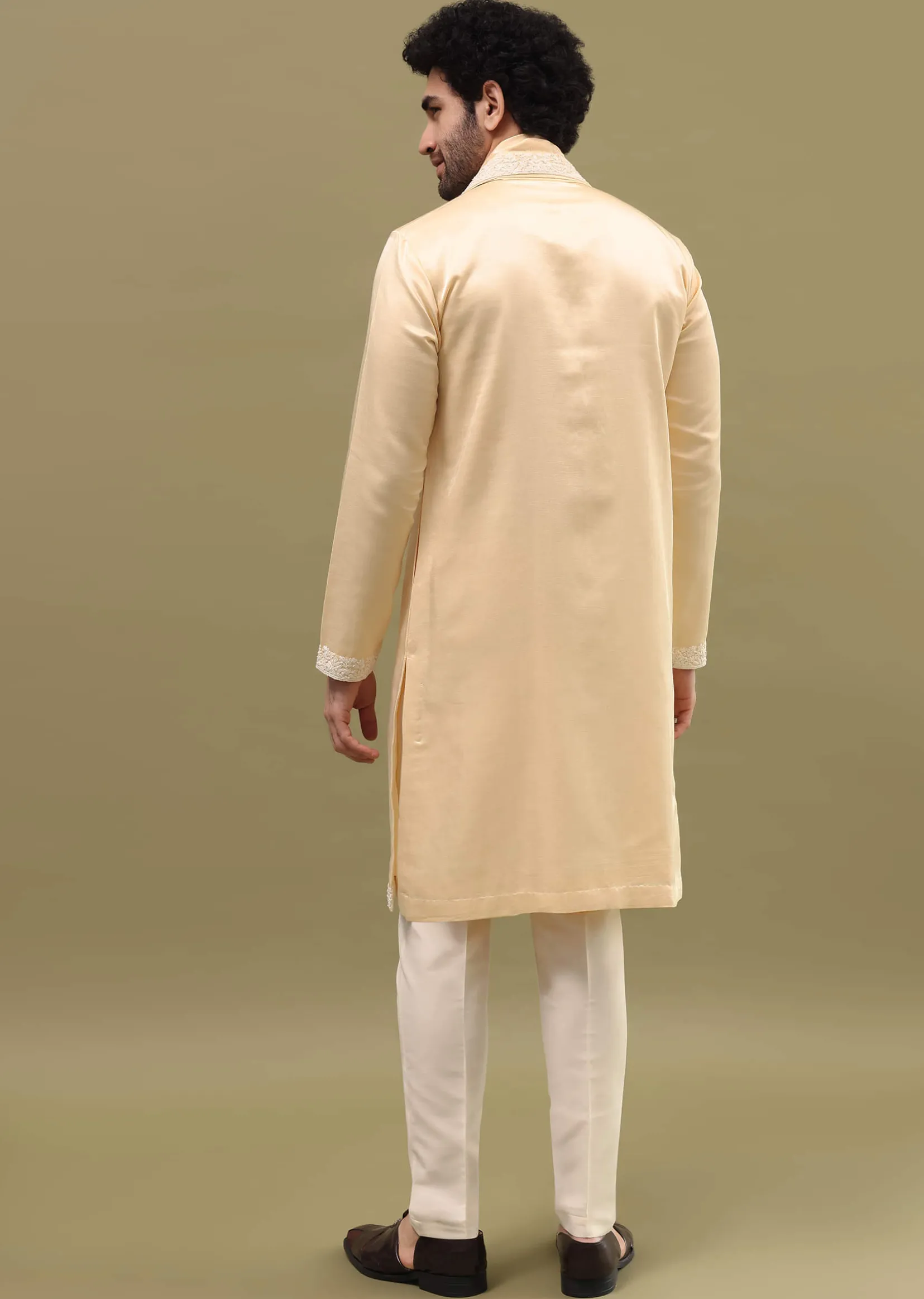 Beige Kurta Set In Resham Work With Dupatta For Men