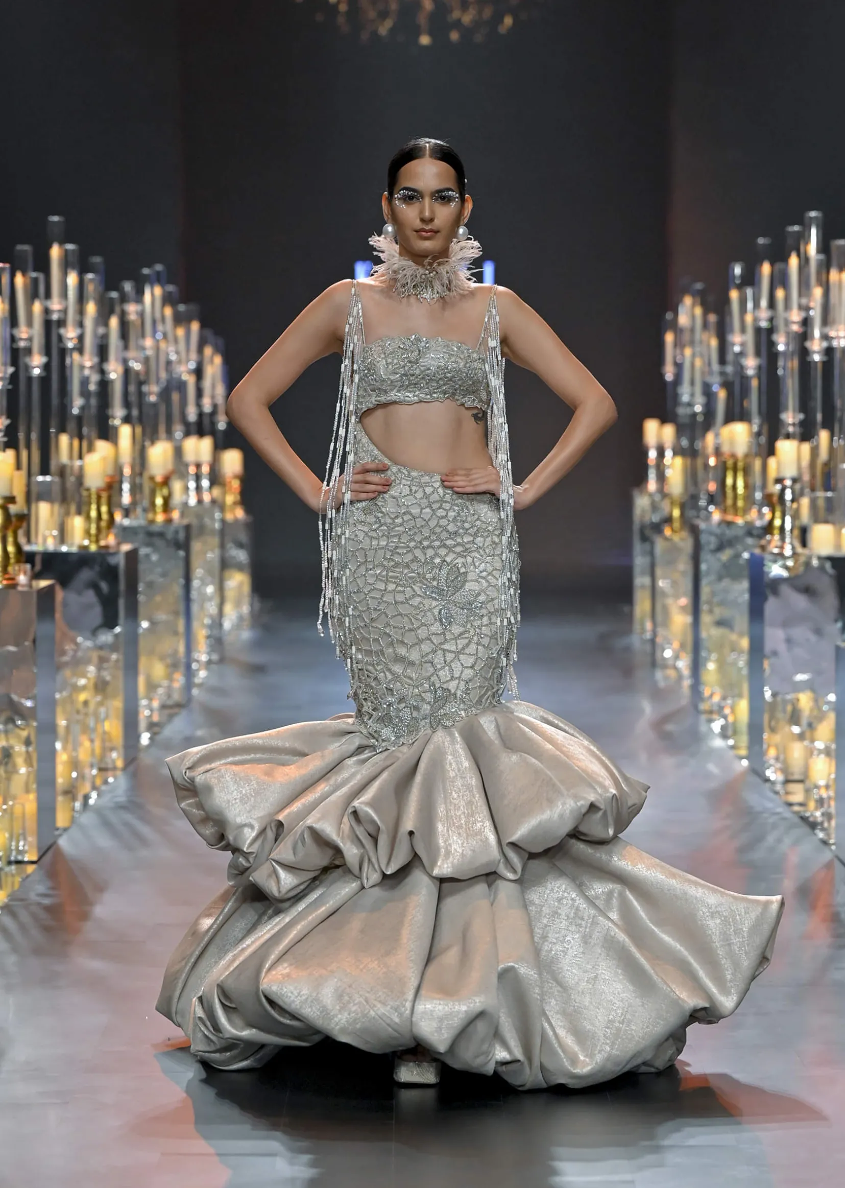 Beige Layered Balloon Gown With Asymmetric Cut
