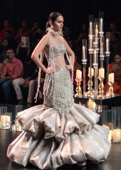 Beige Layered Balloon Gown With Asymmetric Cut