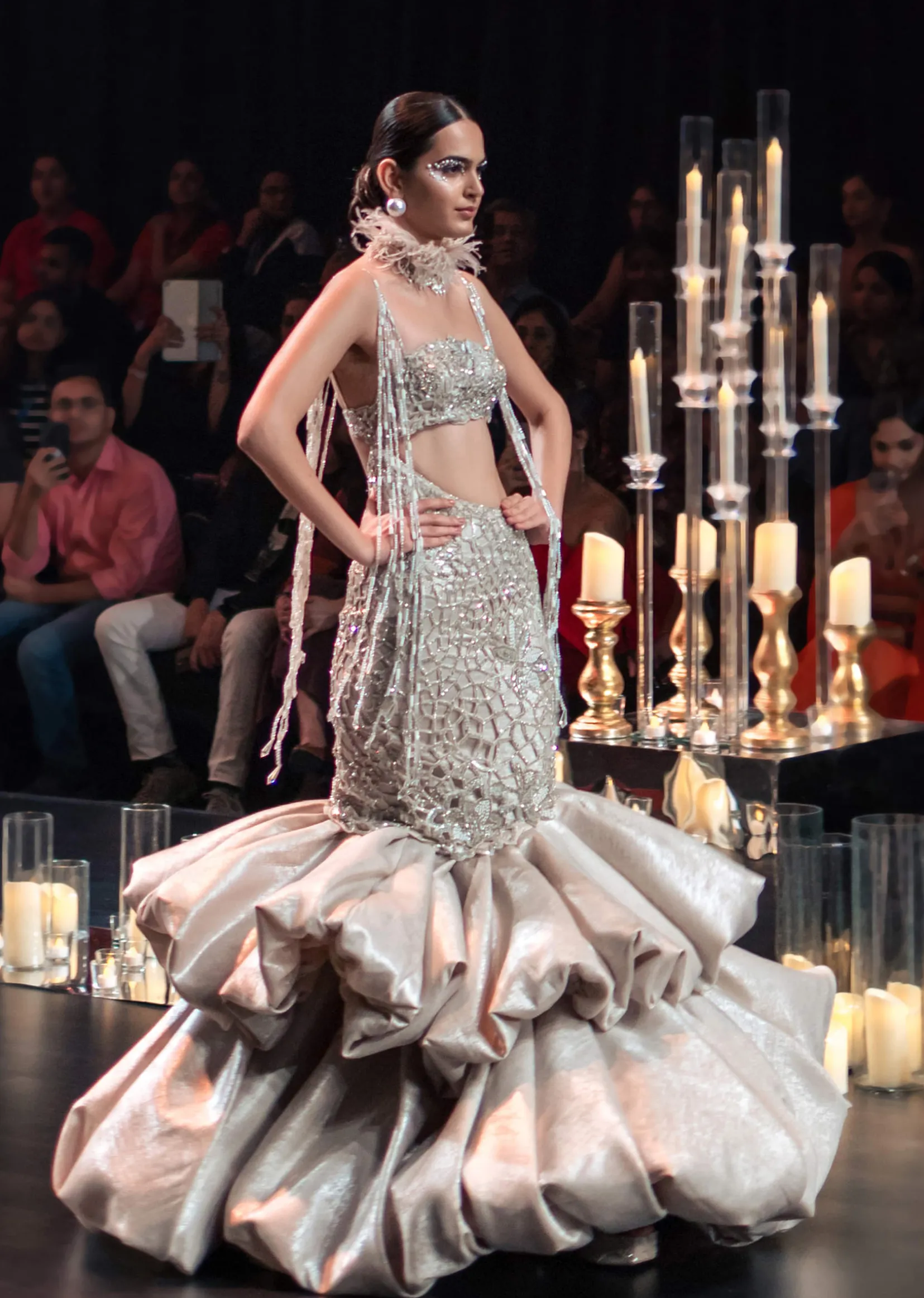 Beige Layered Balloon Gown With Asymmetric Cut