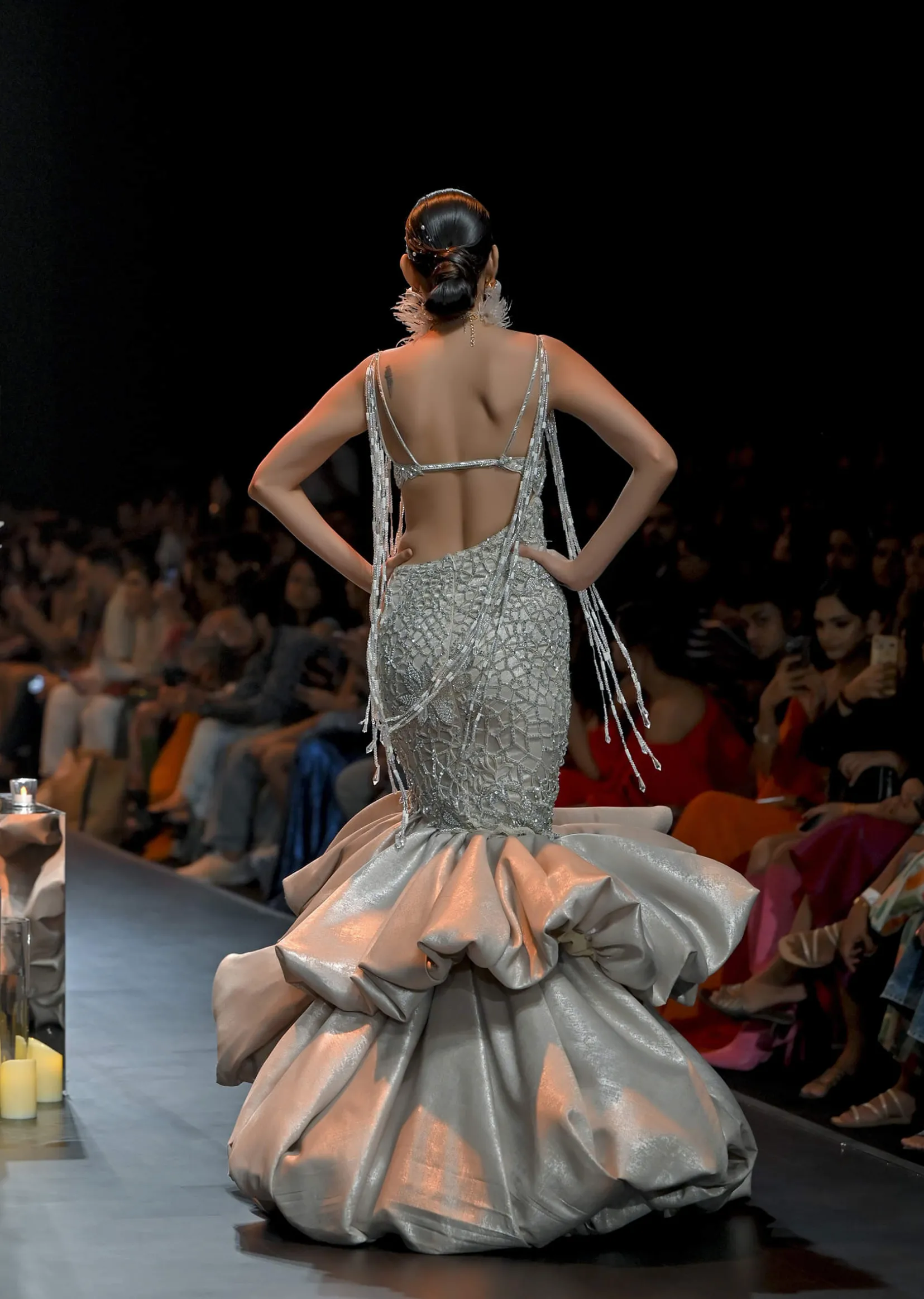 Beige Layered Balloon Gown With Asymmetric Cut