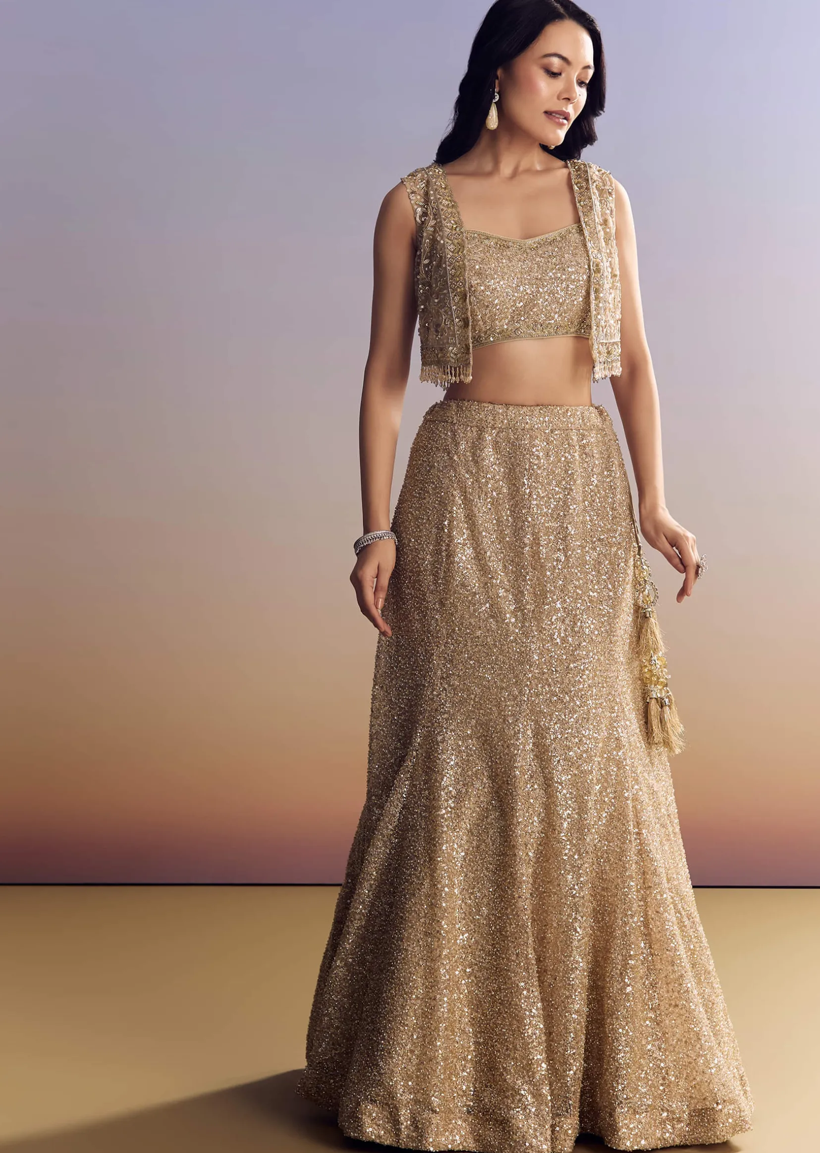 Beige Lehenga Set With Jacket And Cut Dana Embroidery