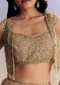 Beige Lehenga Set With Jacket And Cut Dana Embroidery
