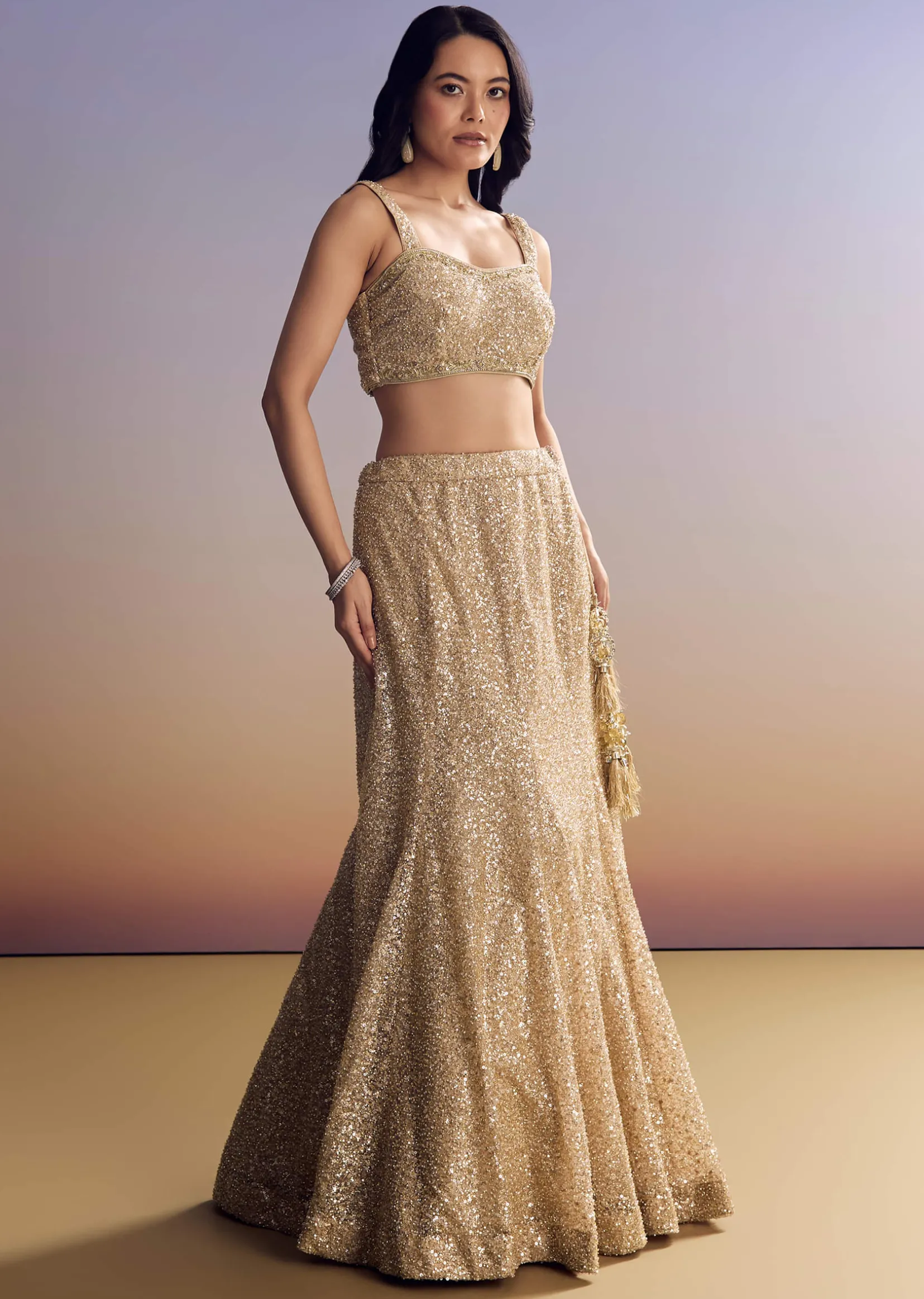 Beige Lehenga Set With Jacket And Cut Dana Embroidery