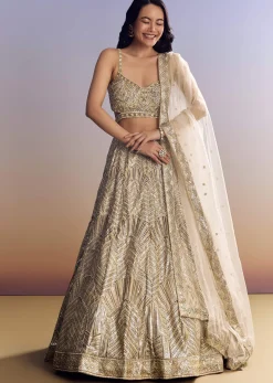 Beige Lehenga Set With Sequins Cut Dana Work