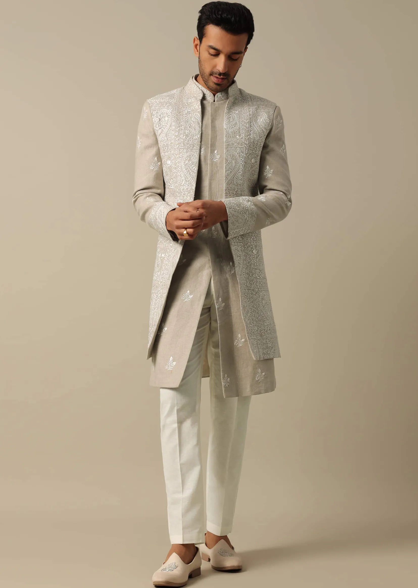 Beige Linen Indowestern Sherwani Set