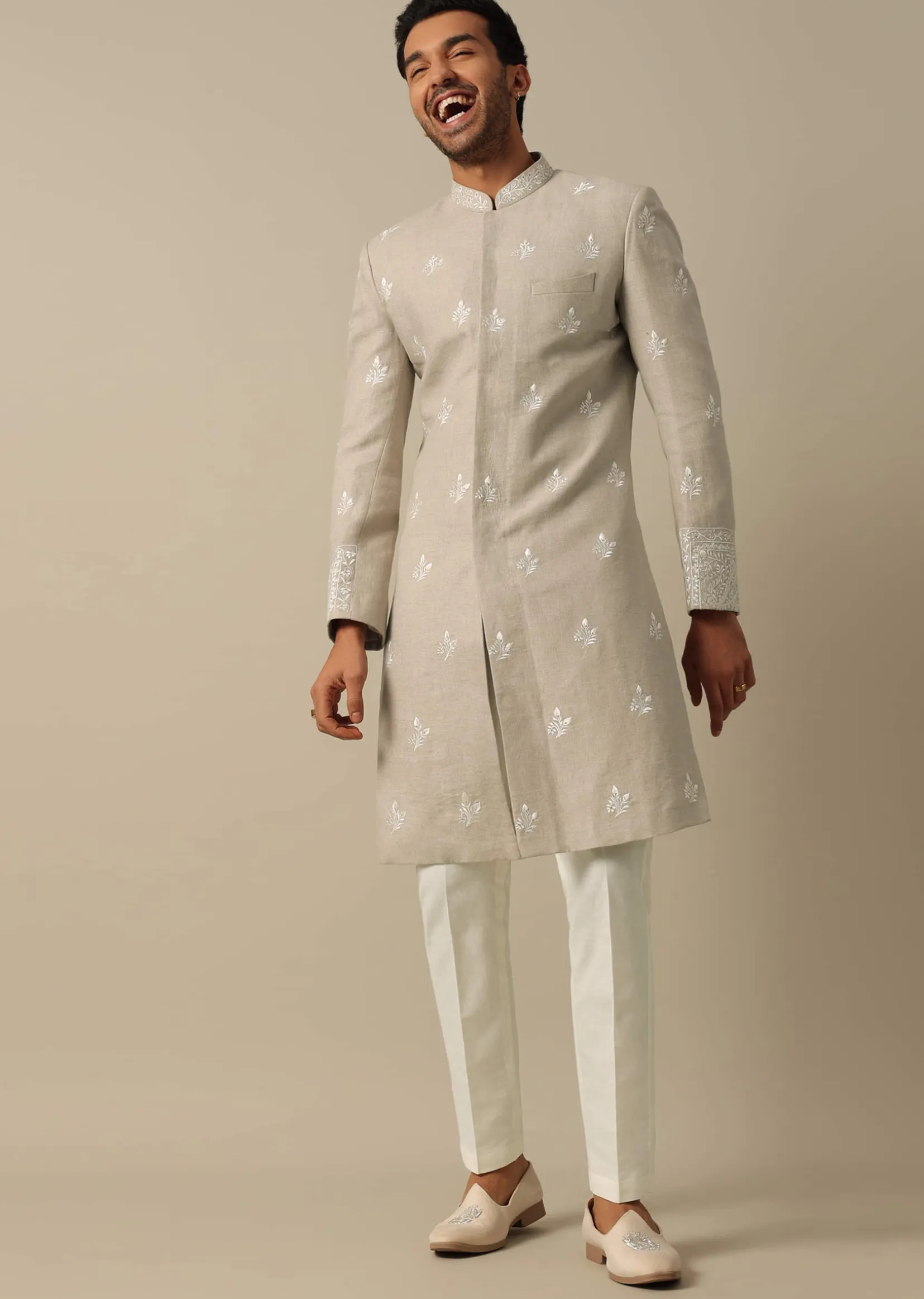 Beige Linen Indowestern Sherwani Set