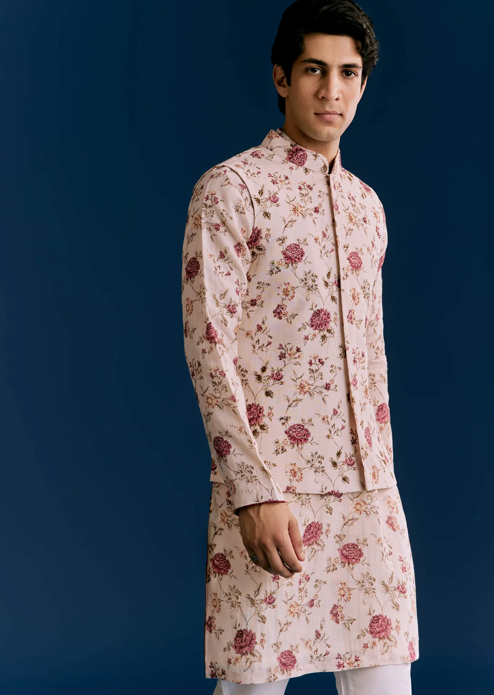 Beige Linen Kurta Jacket Set With Sequins And Thread Embroidery