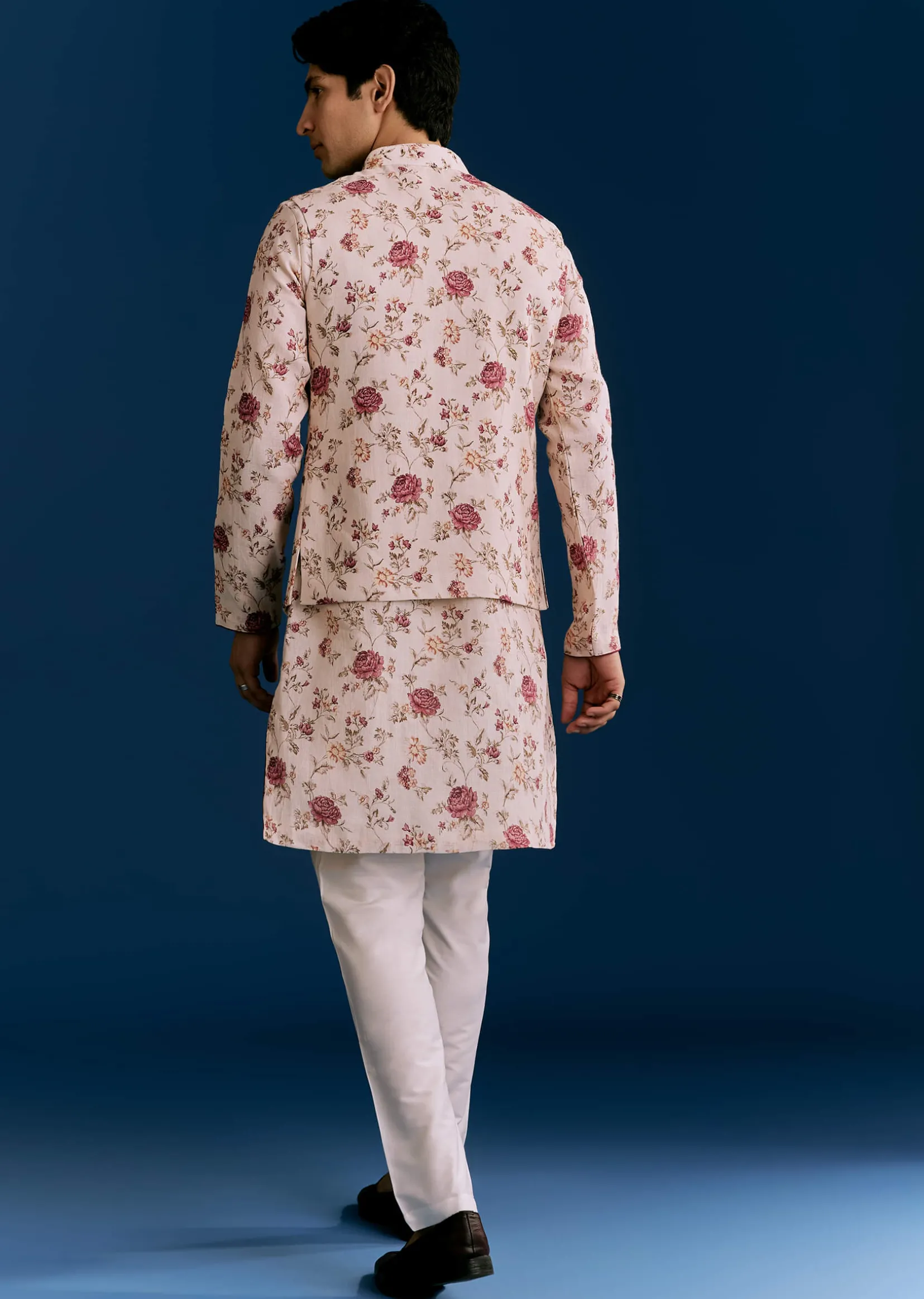 Beige Linen Kurta Jacket Set With Sequins And Thread Embroidery