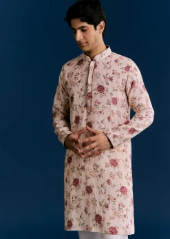 Beige Linen Kurta Jacket Set With Sequins And Thread Embroidery