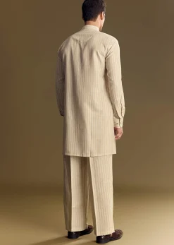Beige Linen Kurta Set With Delicate Hand Embroidery