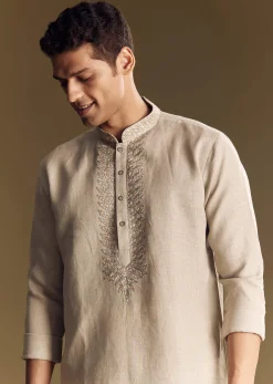 Beige Linen Kurta Set With Thread And Sequin Accents