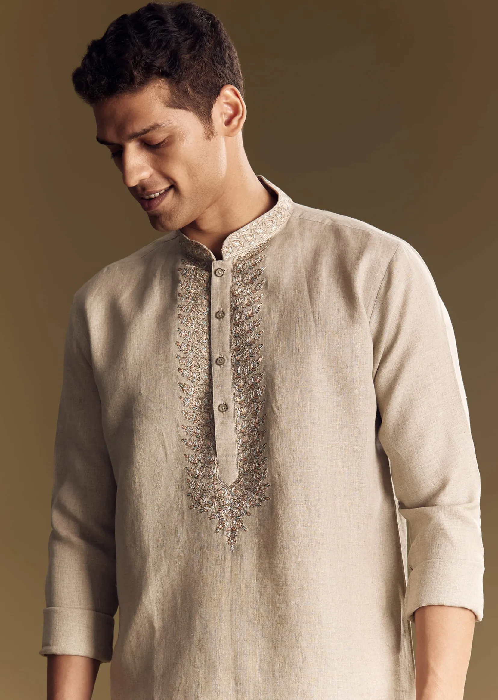 Beige Linen Kurta Set With Thread And Sequin Accents