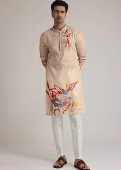 Beige Linen Kurta With Floral Print