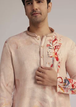 Beige Linen Kurta With Floral Print