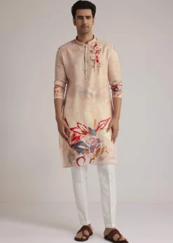 Beige Linen Kurta With Floral Print