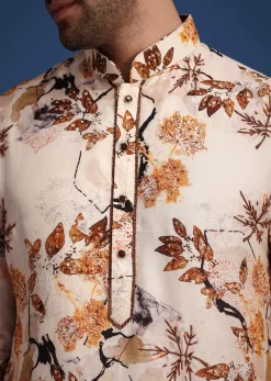 Beige Linen Printed Kurta Set With Leaf Motifs
