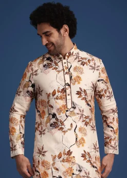 Beige Linen Printed Kurta Set With Leaf Motifs