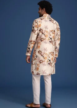 Beige Linen Printed Kurta Set With Leaf Motifs