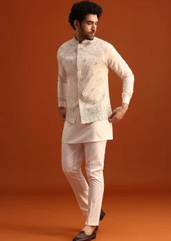 Beige Linen Silk Jacket Kurta And Jacket Set With Mirror Work