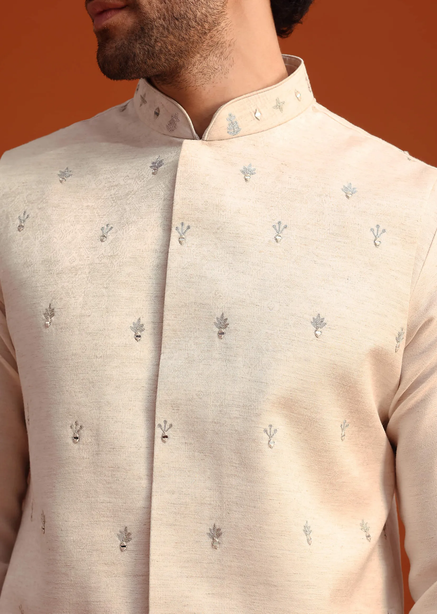 Beige Linen Silk Jacket Kurta And Jacket Set With Aari Work