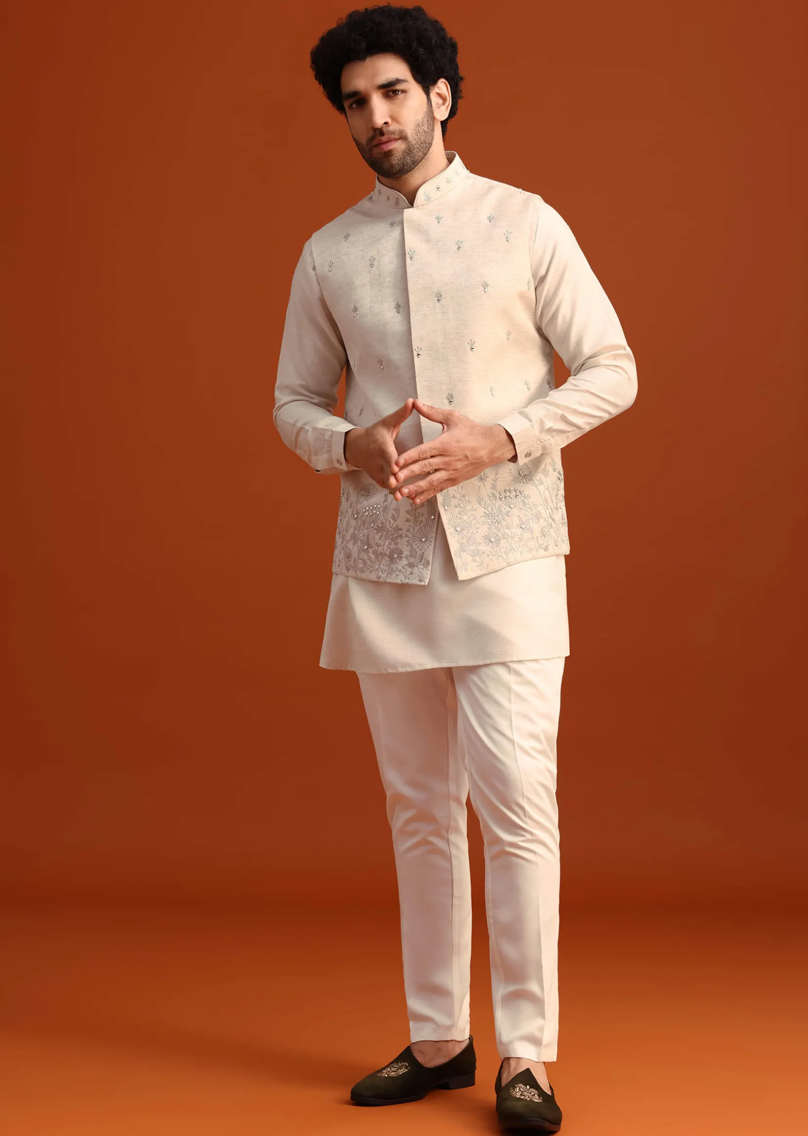 Beige Linen Silk Jacket Kurta And Jacket Set With Aari Work