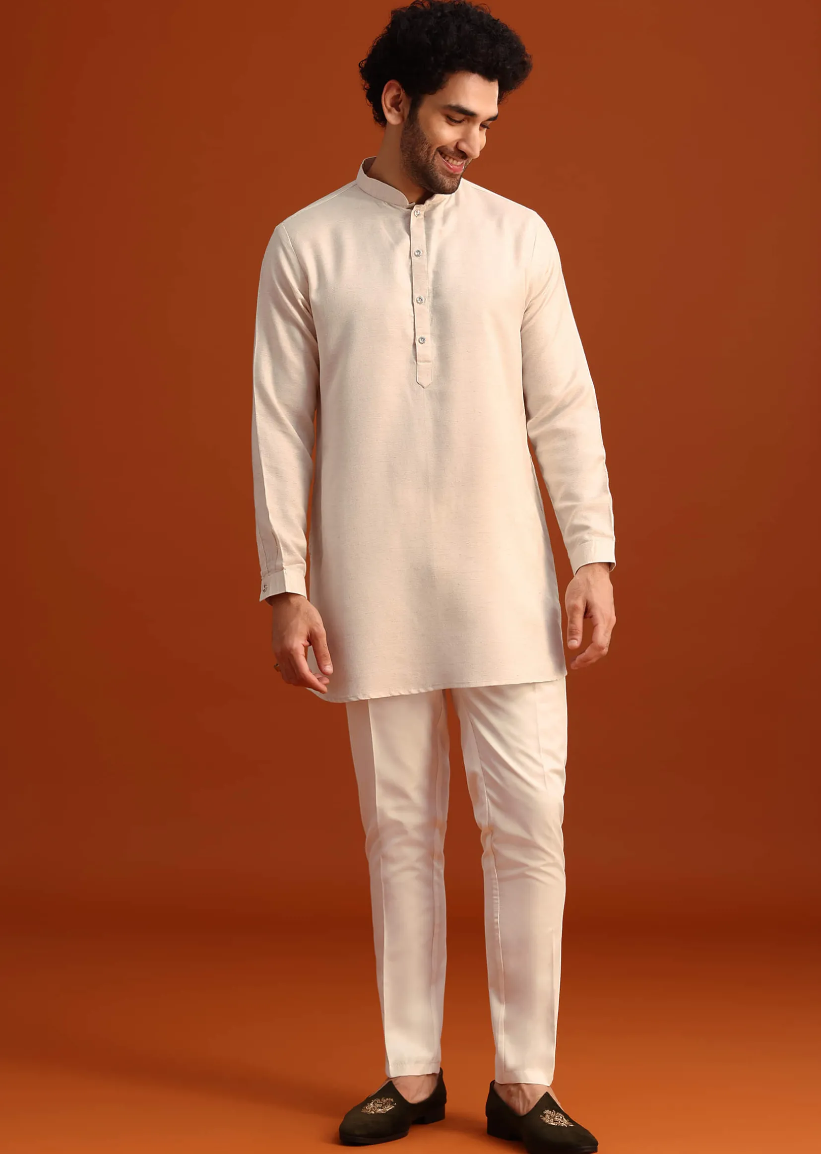 Beige Linen Silk Jacket Kurta And Jacket Set With Aari Work