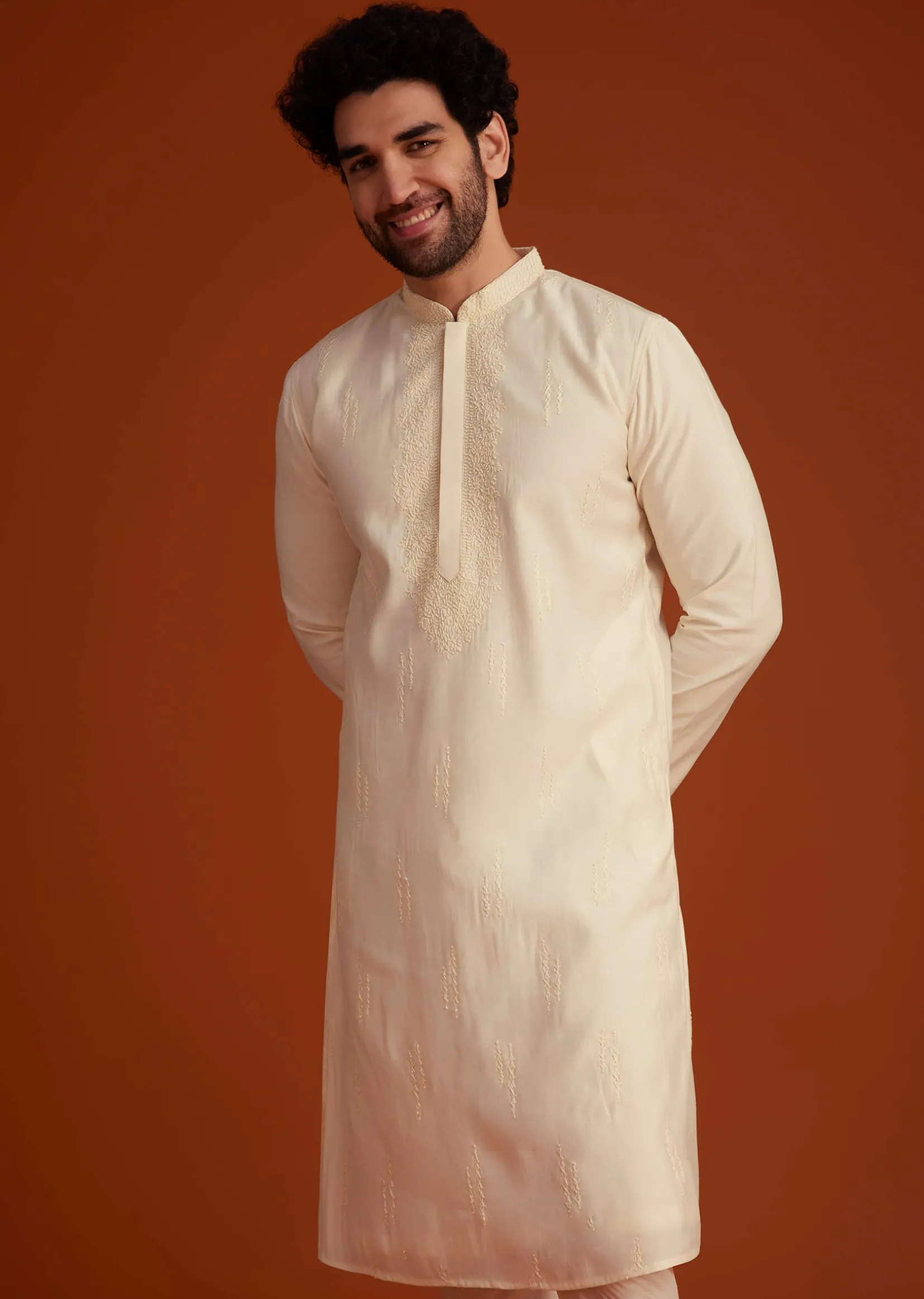 Beige Minimal Embroidered Kurta Pajama Set