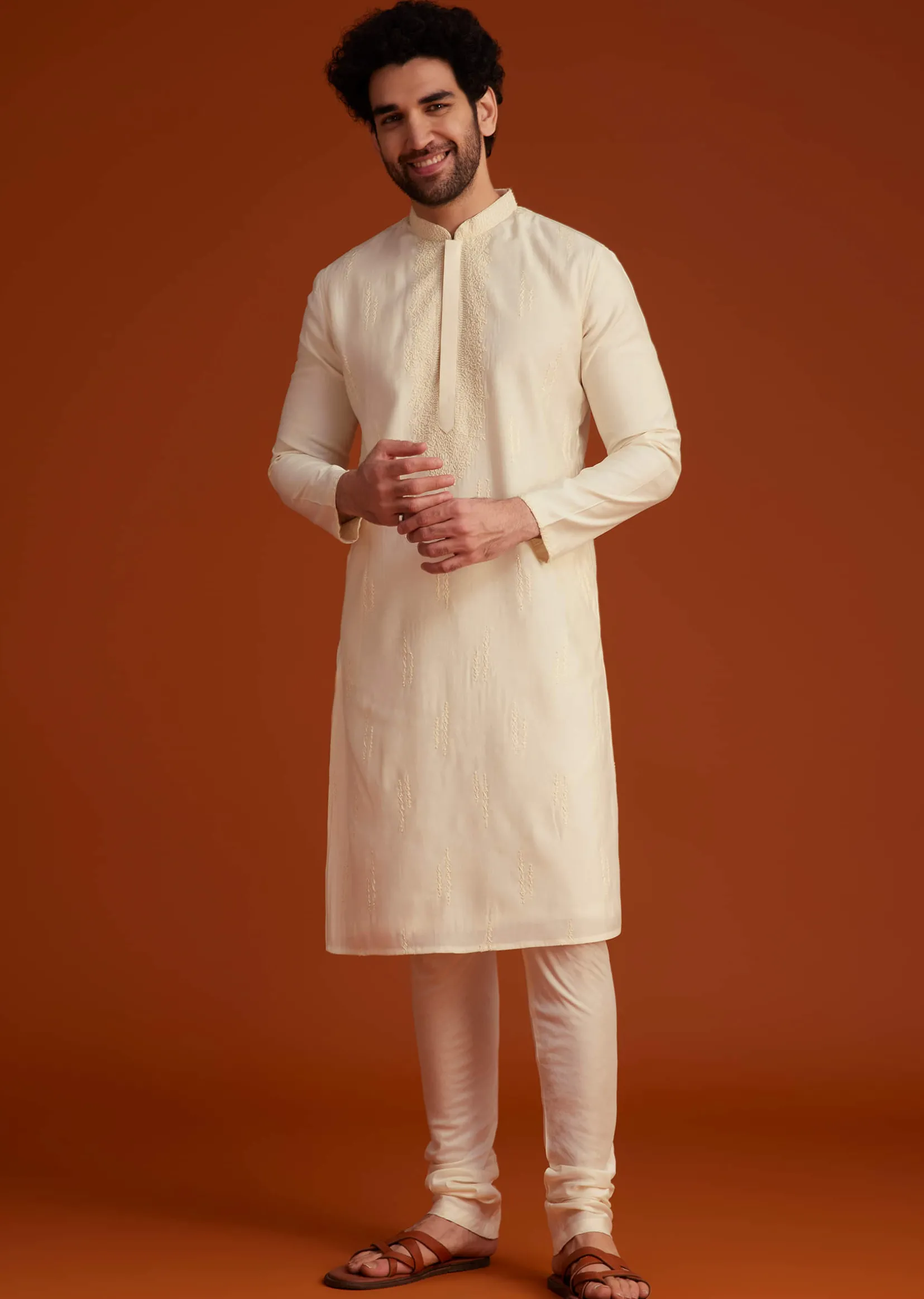 Beige Minimal Embroidered Kurta Pajama Set