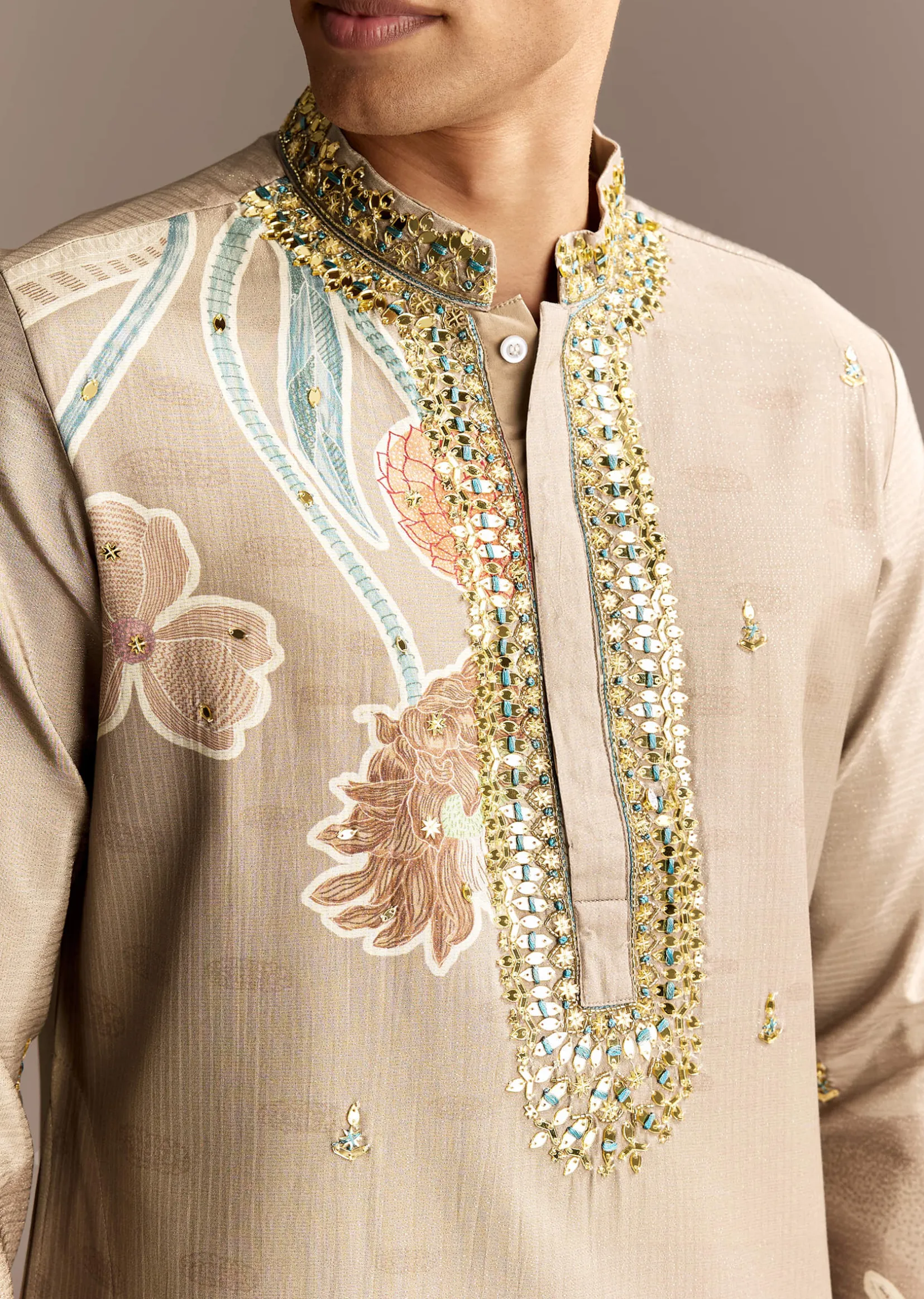 Beige Mirror Work Kurta Set