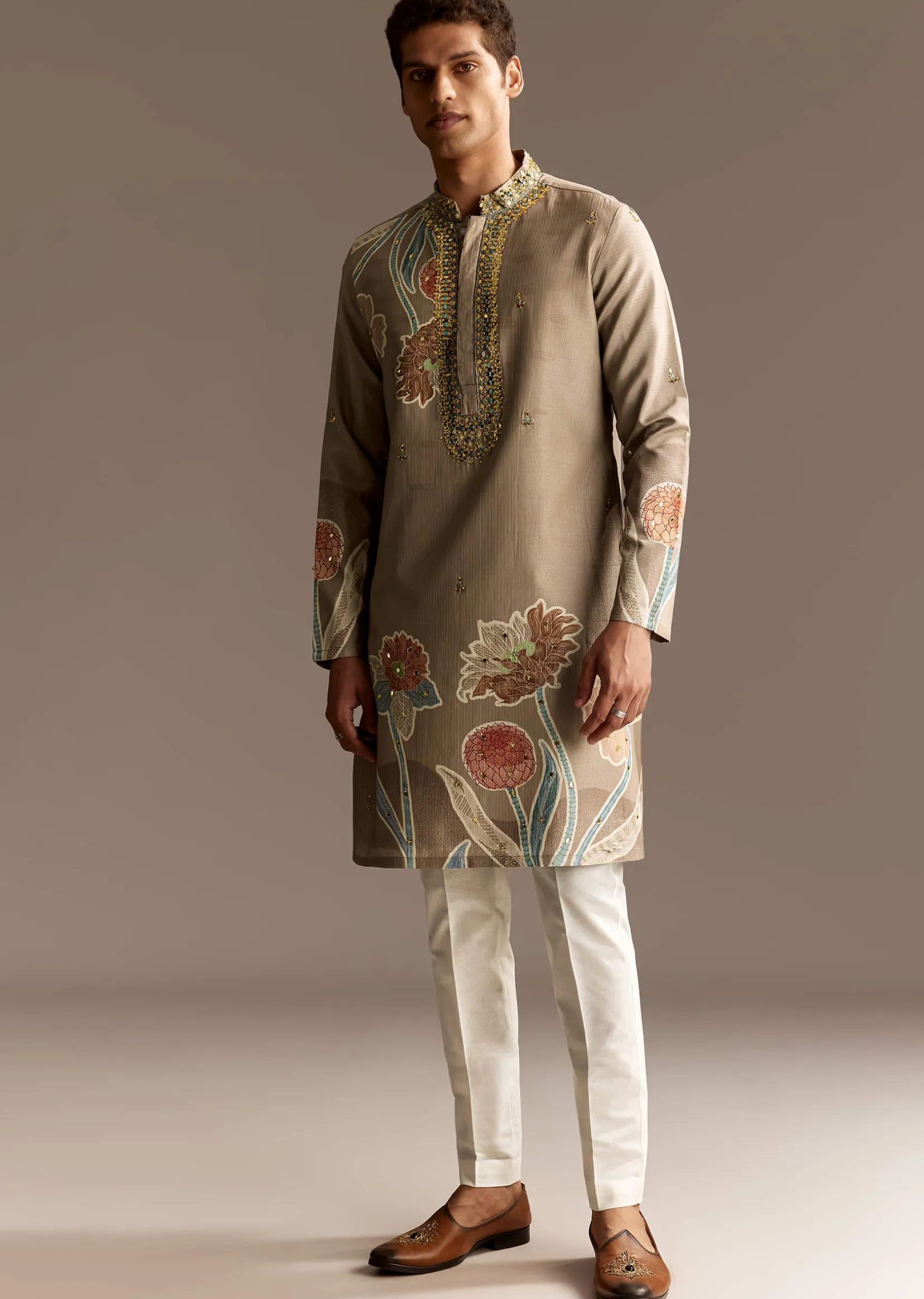 Beige Mirror Work Kurta Set