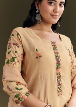 Beige Modal Threadwork Kurta Pant Set With Hand Painting
