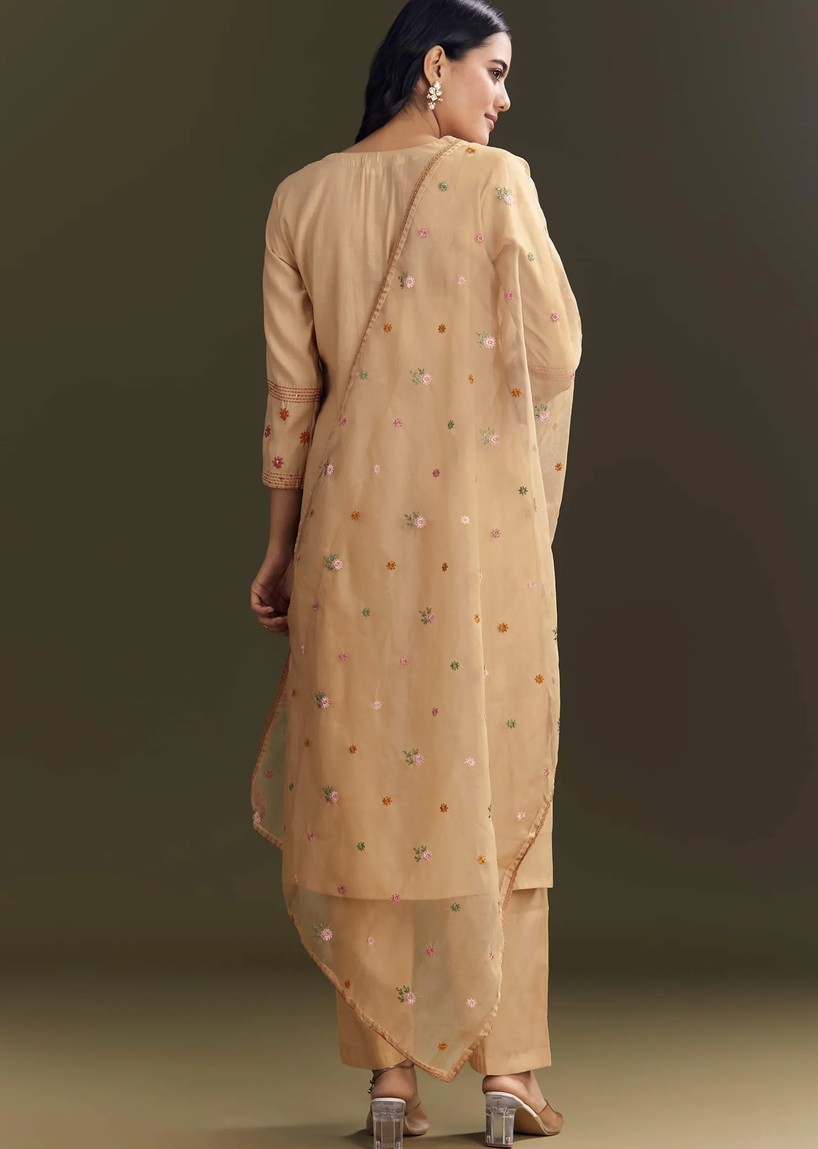 Beige Modal Threadwork Kurta Pant With Resham Organza Dupatta