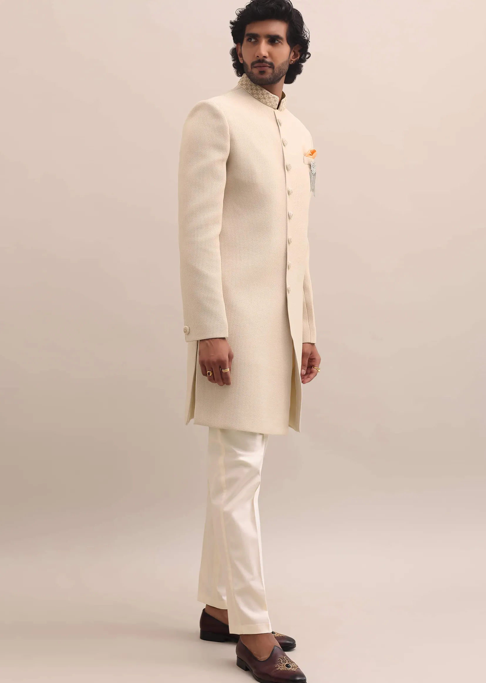 Beige Moti Embroidered Sherwani For Men
