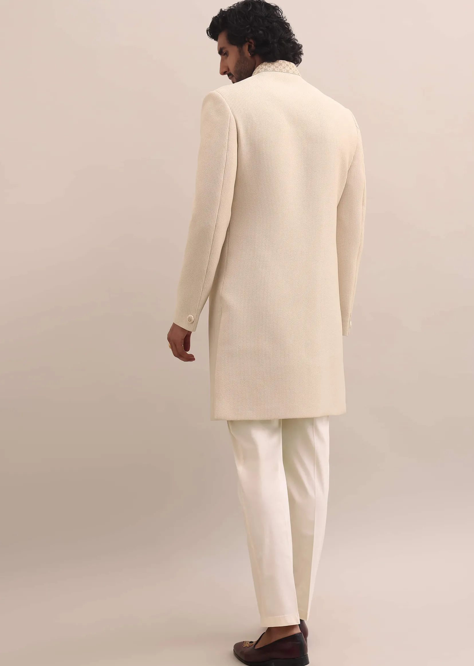 Beige Moti Embroidered Sherwani For Men