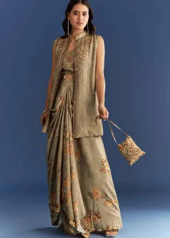 Beige Muslin Croptop Set With Floral Printed Skirt Jacket