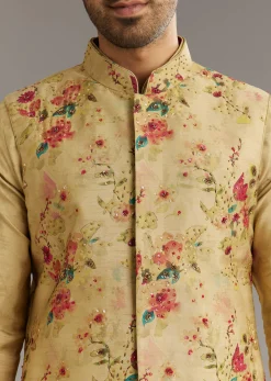 Beige Muslin Kurta Jacket Set With Stone Work