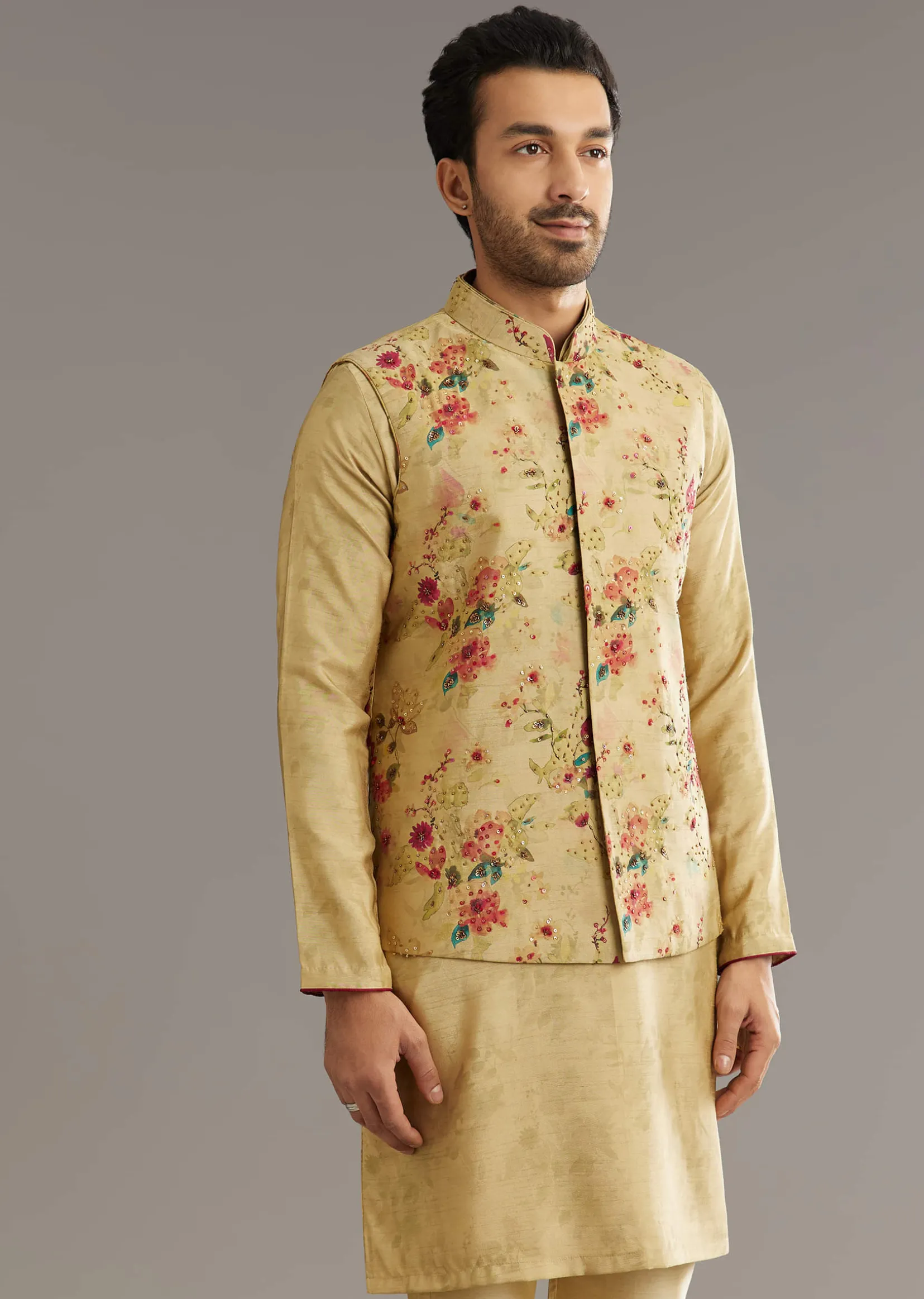 Beige Muslin Kurta Jacket Set With Stone Work
