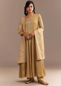 Beige Muslin Mirror Embroidered Kurta Set