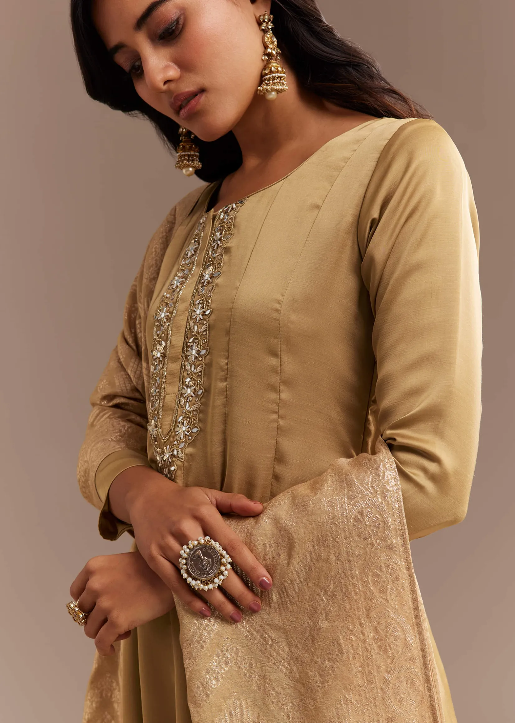Beige Muslin Mirror Embroidered Kurta Set