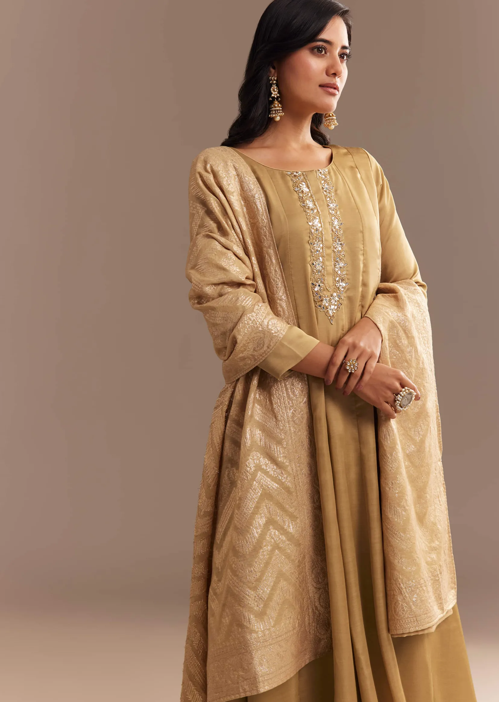 Beige Muslin Mirror Embroidered Kurta Set
