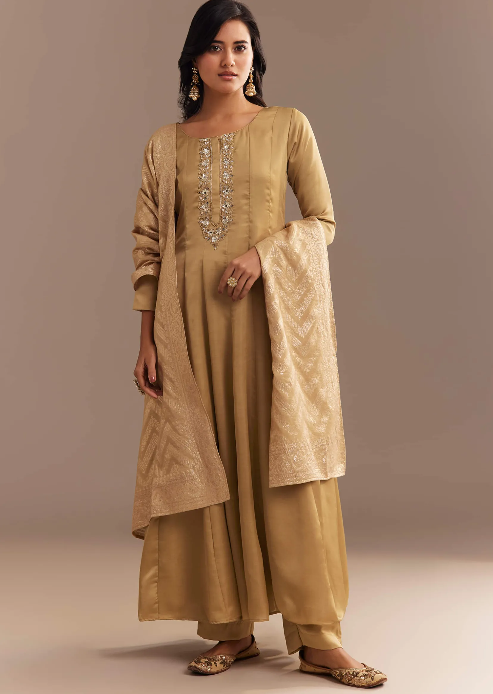 Beige Muslin Mirror Embroidered Kurta Set