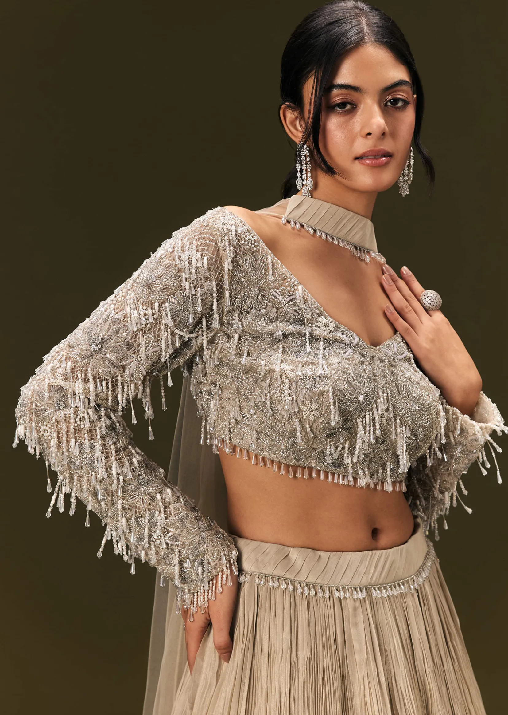 Beige Net Embroidered Blouse With Ruched Lehenga And Choker Dupatta