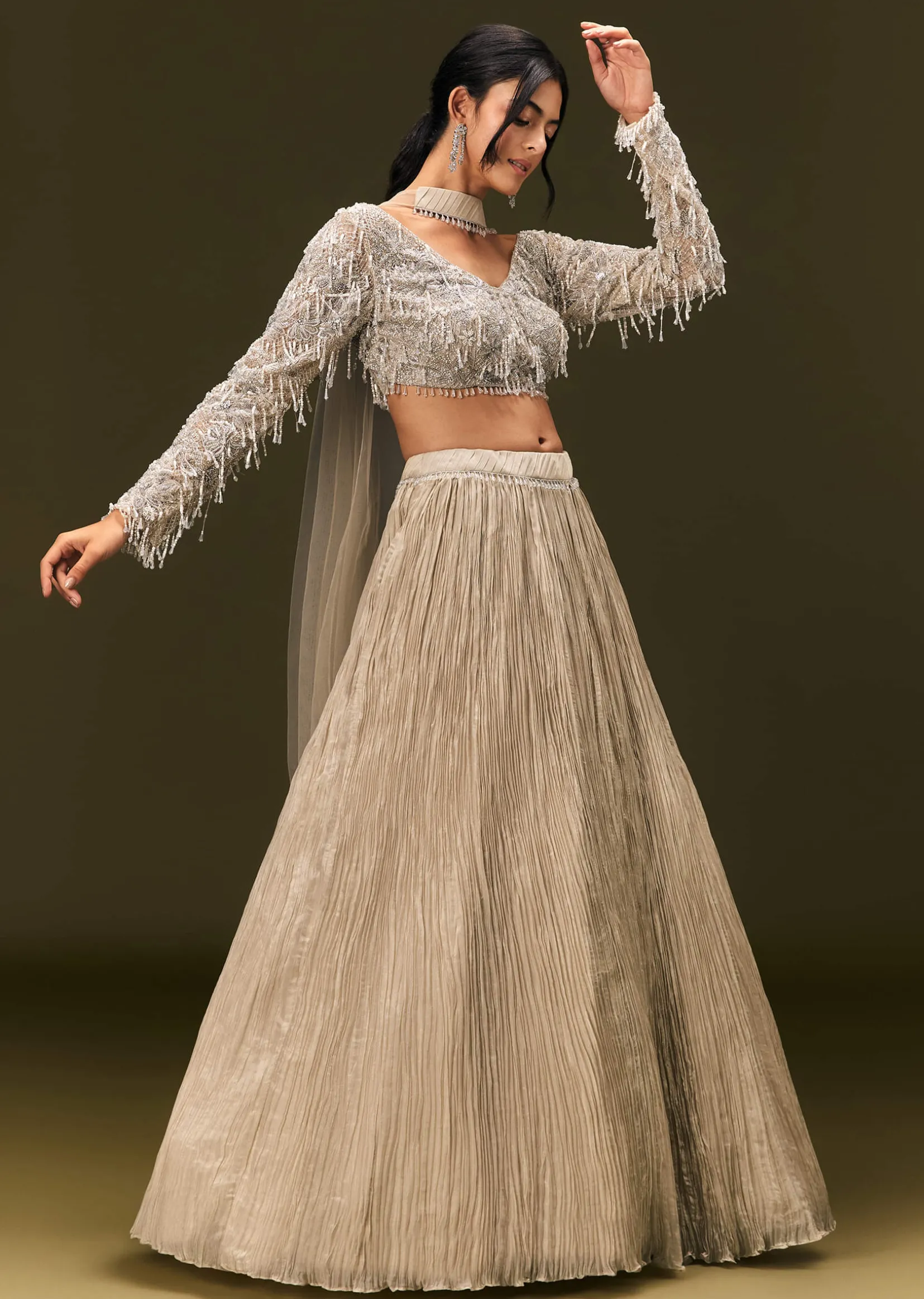 Beige Net Embroidered Blouse With Ruched Lehenga And Choker Dupatta